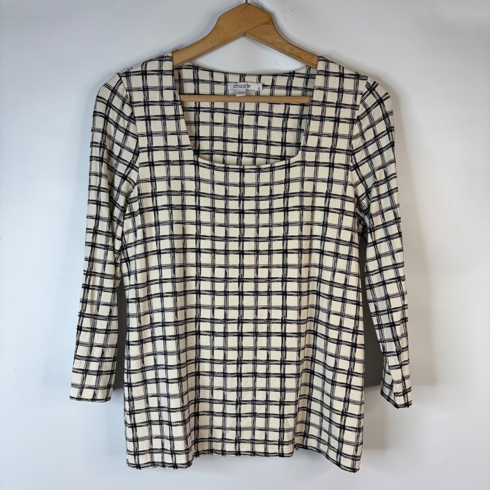 Chico's Top Women Size 1 M Ivory Black Grid Square Neck 3/4 Sleeve Shirt